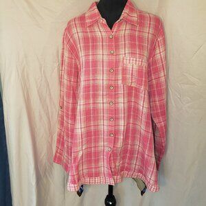 Women's Soft Surroundings Pink & White Plaid & Floral Shirt Size L